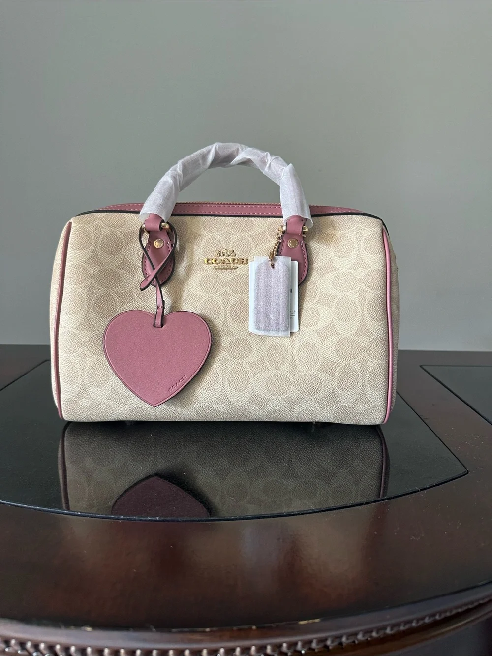 Coach Beige Canvas Satchel with Pink Trim and Heart Charm